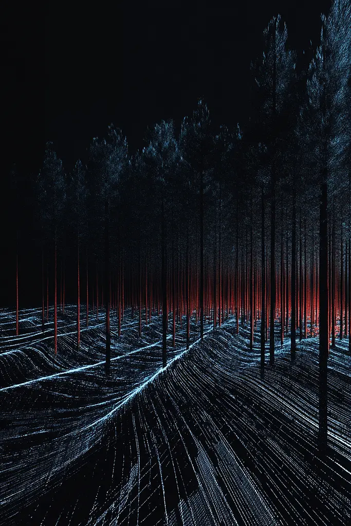 Midjourney generated image using SREF code Electric Dreams: A long exposure shot of a forest at night.