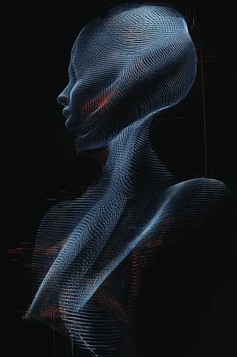 Midjourney generated image using SREF code Electric Dreams: A digital drawing of a woman's face on a black background.