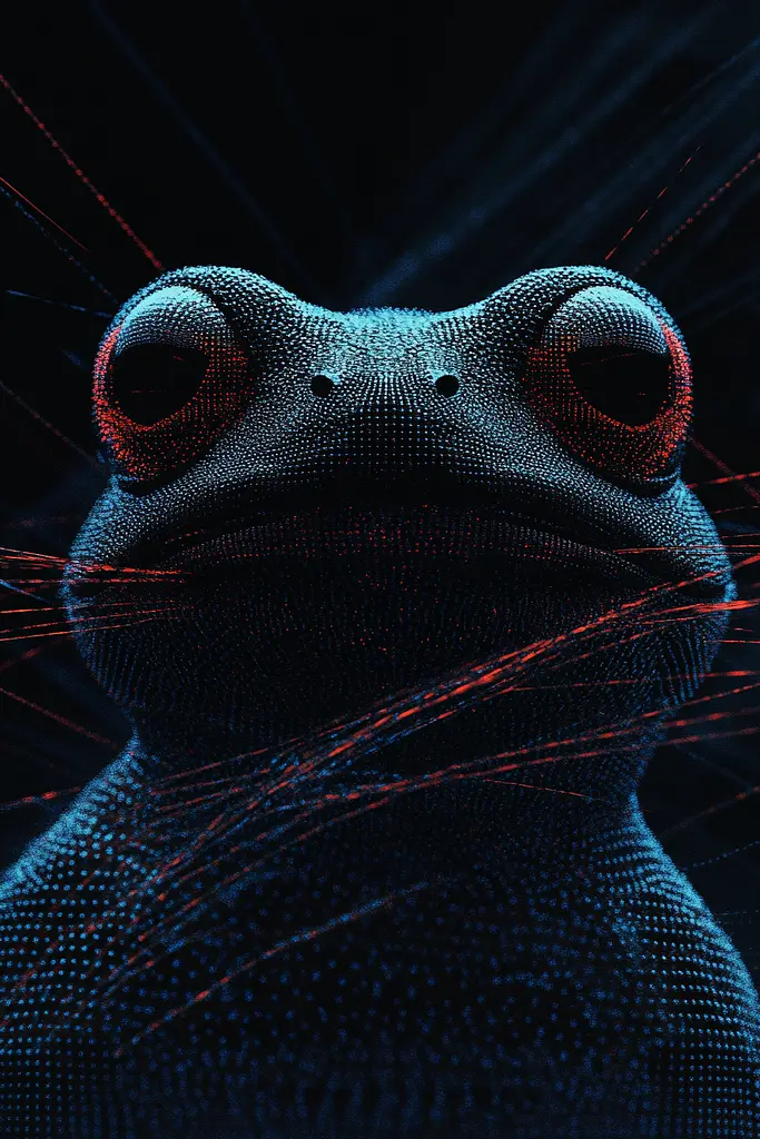 Midjourney generated image using SREF code Electric Dreams: A close up of a frog with red eyes.