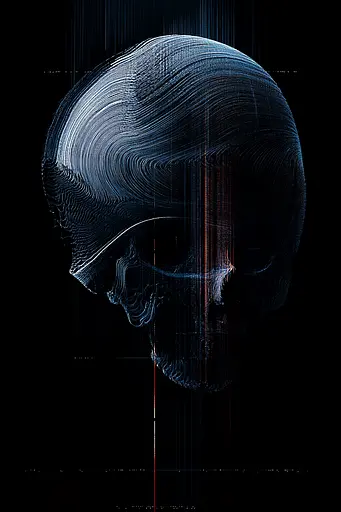 Midjourney generated image using SREF code Electric Dreams: a skull with a black background and a red line in the middle