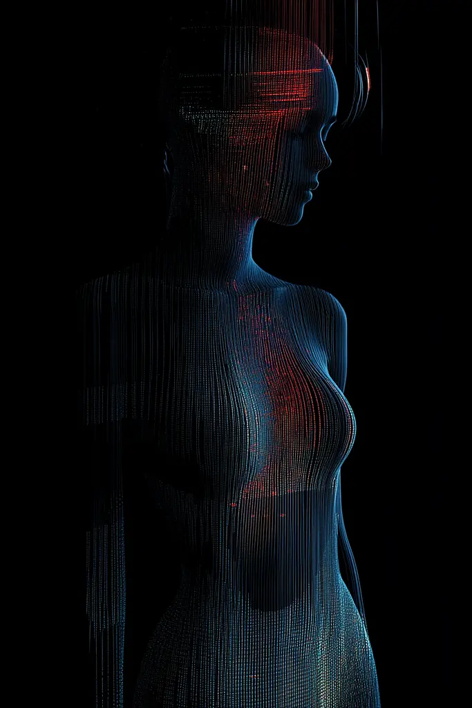 Midjourney generated image using SREF code Electric Dreams: A woman standing in front of a black background.