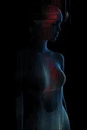 Midjourney generated image using SREF code Electric Dreams: A woman standing in front of a black background.