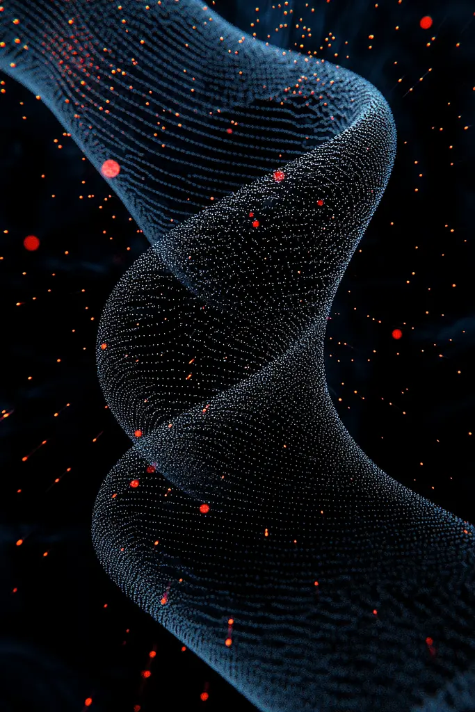 Midjourney generated image using SREF code Electric Dreams: a close up of a dna strand on a black background