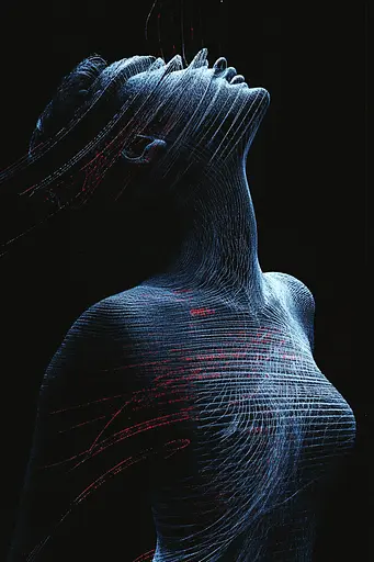 Midjourney generated image using SREF code Electric Dreams: A woman's body is shown in blue and red.