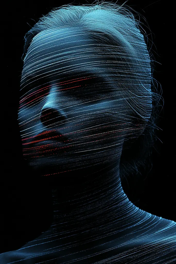 Midjourney generated image using SREF code Electric Dreams: A woman's face is covered in lines of light.