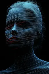 Midjourney generated image using SREF code Electric Dreams: A woman's face is covered in lines of light.