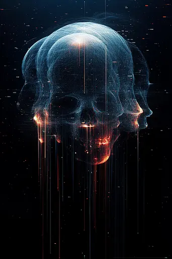 Midjourney generated image using SREF code Electric Dreams: A group of human skulls on a black background.