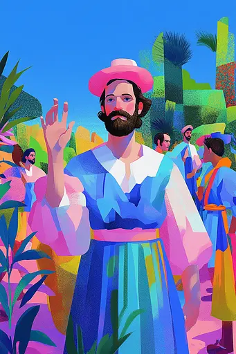 Midjourney generated image using SREF code Pastel Polygons: A painting of a man with a beard and a pink hat.