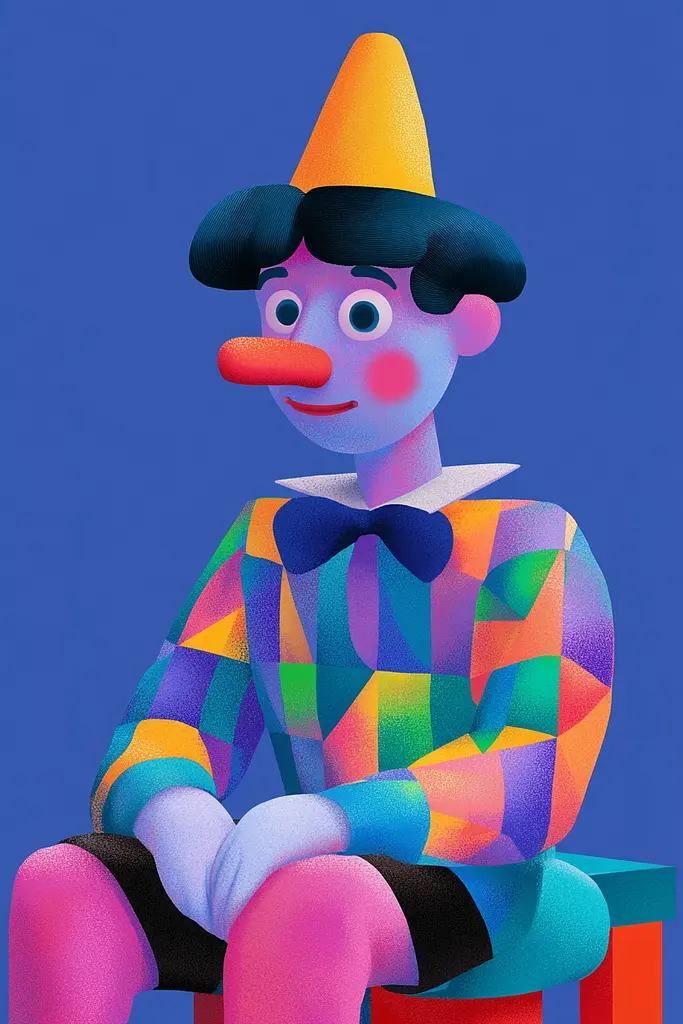 Midjourney generated image using SREF code Pastel Polygons: A colorful clown sitting on top of a stool.