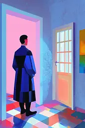 Midjourney generated image using SREF code Pastel Polygons: A man standing in front of a door in a room.