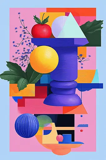 Midjourney generated image using SREF code Pastel Polygons: A painting of a vase filled with fruit and vegetables.