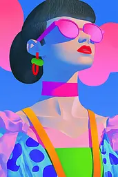 Midjourney generated image using SREF code Pastel Polygons: A woman wearing pink sunglasses and a colorful dress.