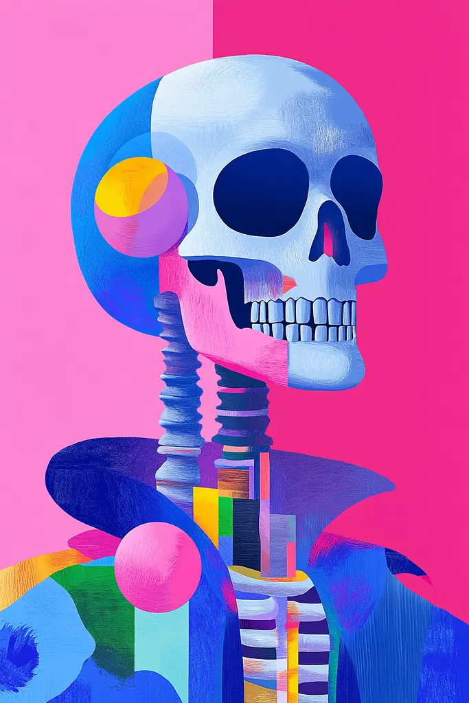 Midjourney generated image using SREF code Pastel Polygons: A colorful illustration of a skeleton with a pink background.