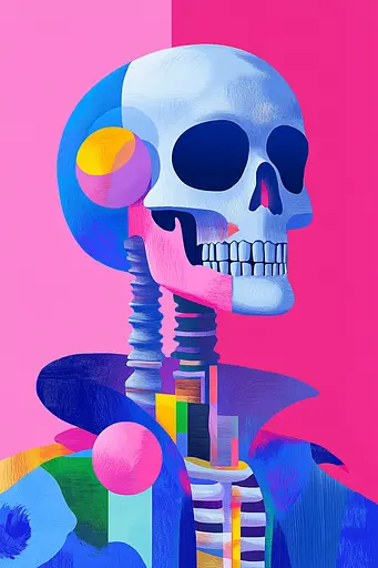 Midjourney generated image using SREF code Pastel Polygons: A colorful illustration of a skeleton with a pink background.