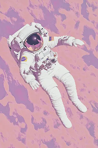 Midjourney generated image using SREF code Astral Touch: an astronaut floating in the sky with his arms outstretched