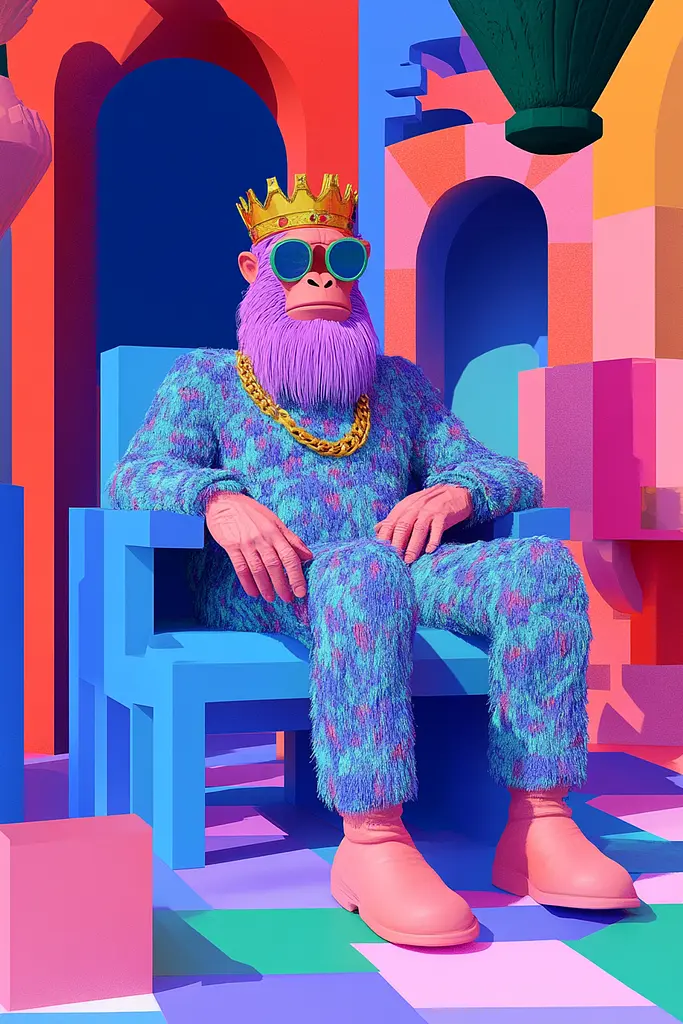 Midjourney generated image using SREF code Pastel Polygons: A monkey wearing a crown sitting on a blue chair.