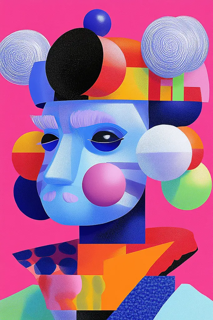 Midjourney generated image using SREF code Pastel Polygons: A painting of a woman with colorful circles on her head.