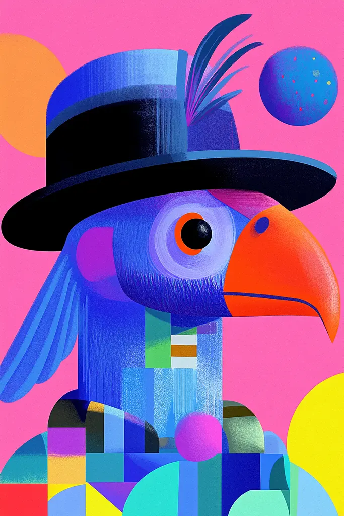 Midjourney generated image using SREF code Pastel Polygons: A colorful bird wearing a top hat and a suit.