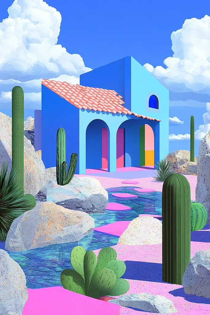 Midjourney generated image using SREF code Pastel Polygons: A colorful house in the middle of a desert with cacti.