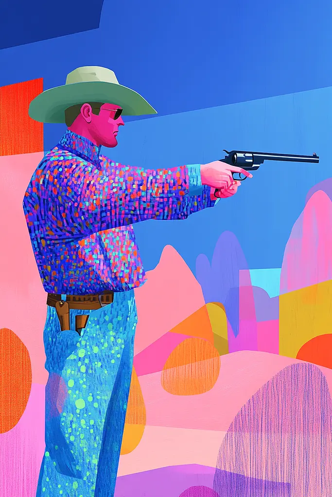 Midjourney generated image using SREF code Pastel Polygons: A man in a cowboy hat holding a gun.