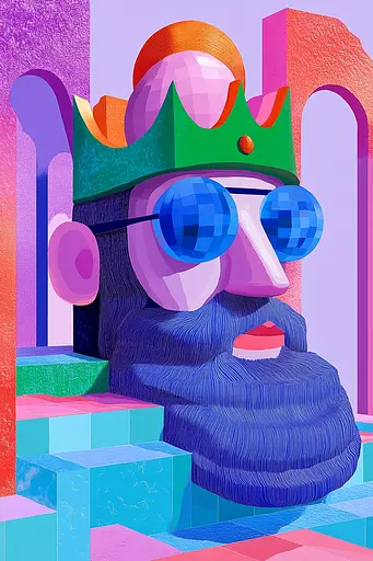 Midjourney generated image using SREF code Pastel Polygons: A man with a beard wearing a crown and sunglasses.