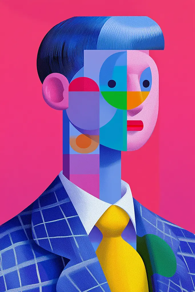 Midjourney generated image using SREF code Pastel Polygons: A man in a suit and tie with a colorful face.