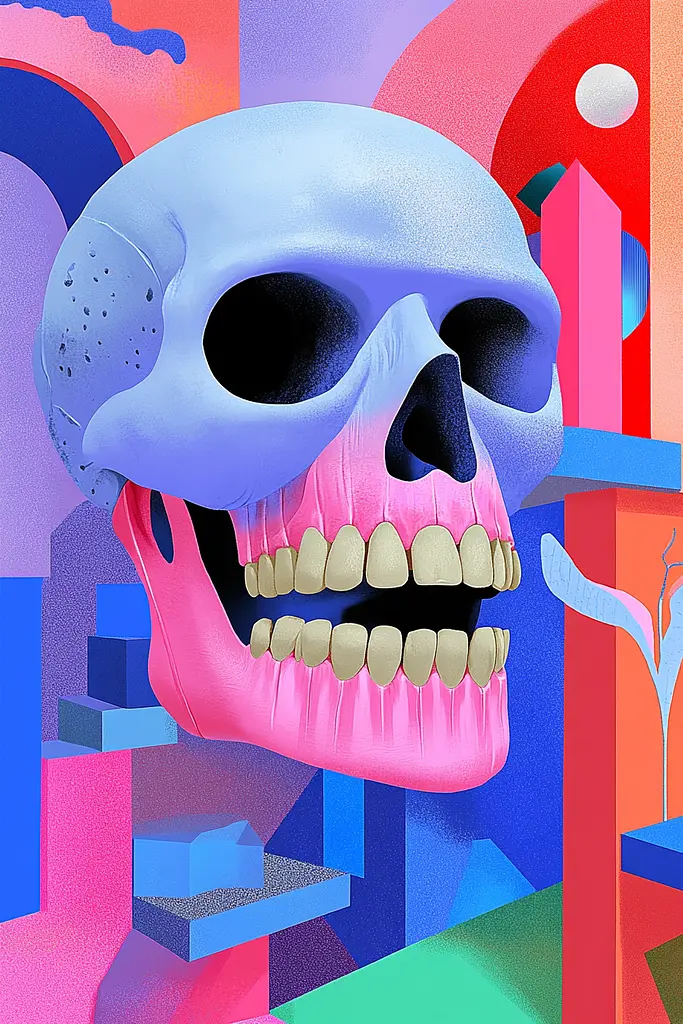 Midjourney generated image using SREF code Pastel Polygons: A skull with a pink and blue background.