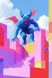 Midjourney generated image using SREF code Pastel Polygons: A blue demon sitting on top of a pink and yellow building.