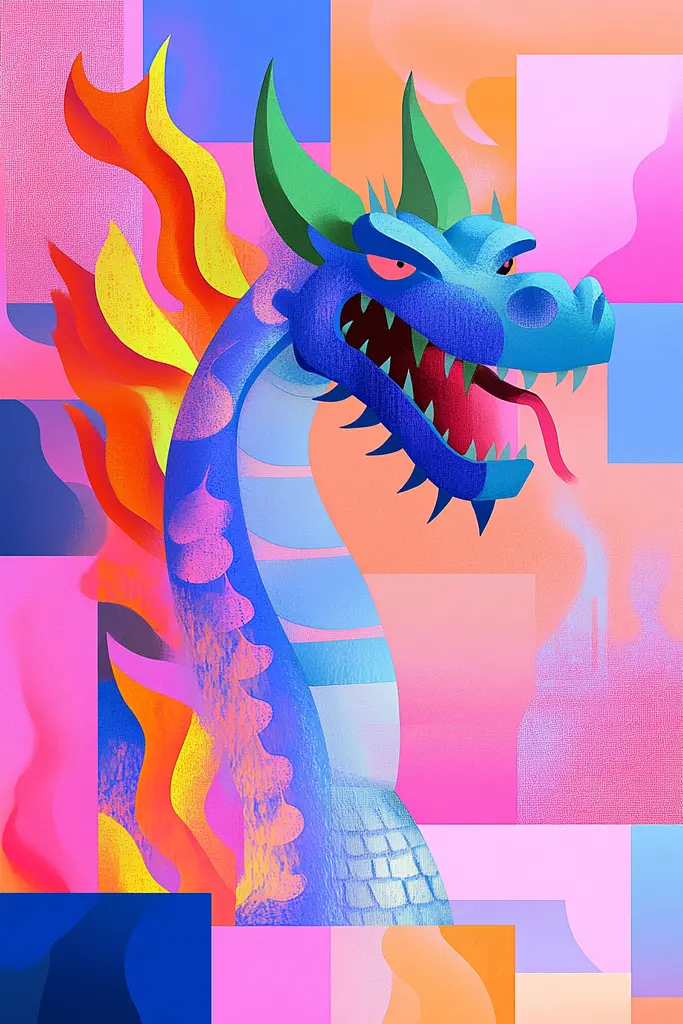 Midjourney generated image using SREF code Pastel Polygons: A blue dragon with colorful flames on its head.