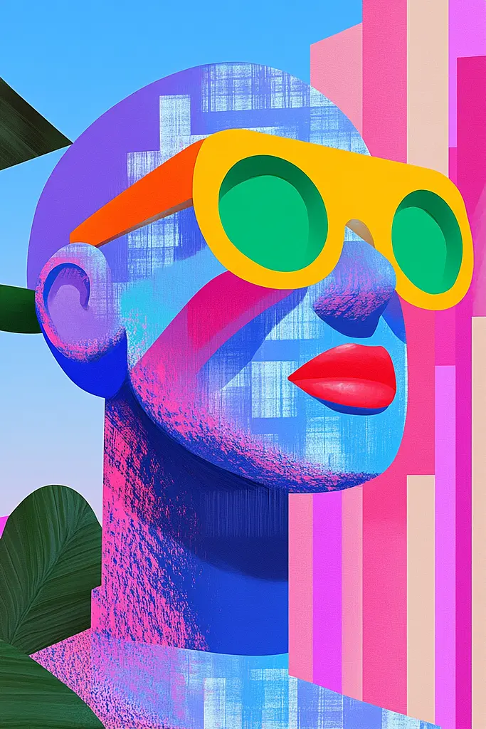 Midjourney generated image using SREF code Pastel Polygons: A woman wearing a pair of yellow sunglasses.