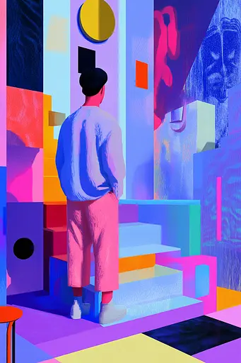 Midjourney generated image using SREF code Pastel Polygons: A man standing in front of a colorful wall.