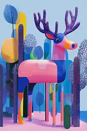 Midjourney generated image using SREF code Pastel Polygons: A colorful illustration of a deer standing in the middle of a forest.