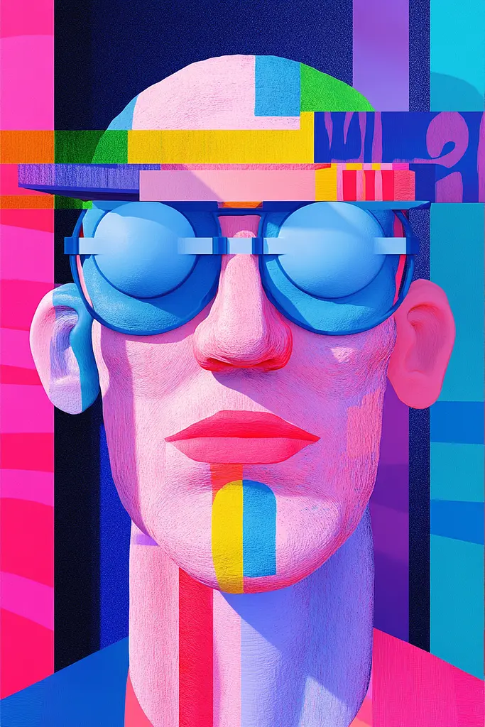 Midjourney generated image using SREF code Pastel Polygons: A man wearing a hat and sunglasses with a colorful background.