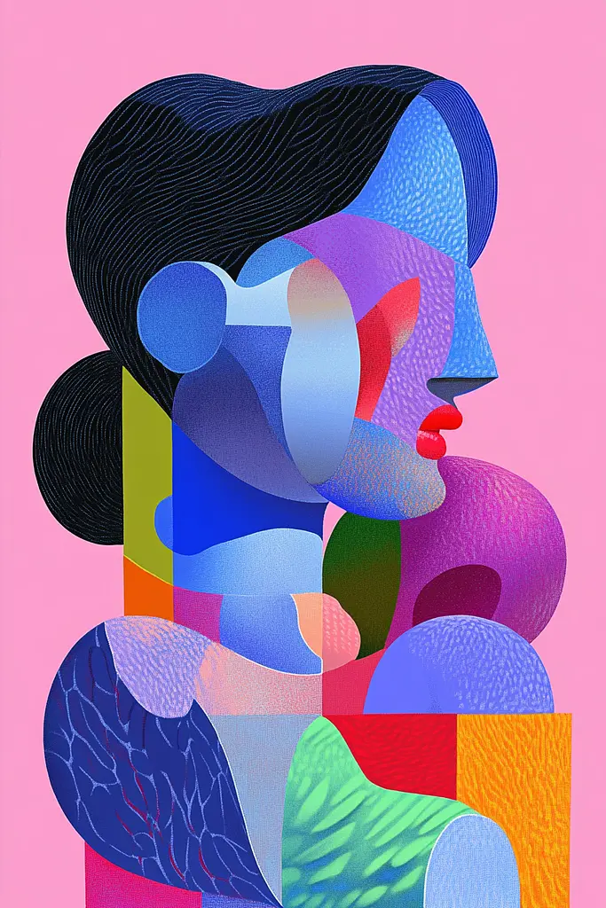 Midjourney generated image using SREF code Pastel Polygons: A colorful illustration of a woman's face on a pink background.