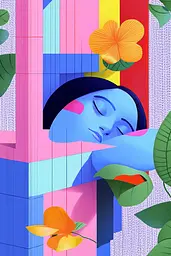 Midjourney generated image using SREF code Pastel Polygons: A woman sleeping in front of a colorful wall with flowers.