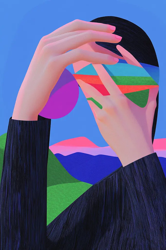 Midjourney generated image using SREF code Pastel Polygons: A woman covering her face with her hands. 