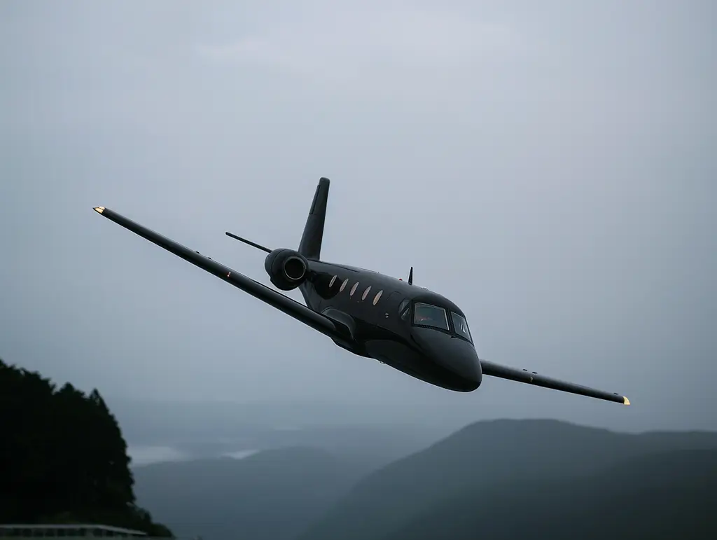 Midjourney generated image using SREF code Chiaroscuro Chronicles: A private jet flying over a mountain range.