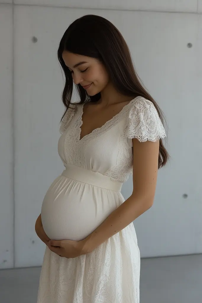 Midjourney generated image using SREF code Chiaroscuro Chronicles: A pregnant woman in a white dress standing in a room.