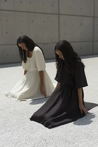 Midjourney generated image using SREF code Chiaroscuro Chronicles: Two women sitting on the ground in front of a concrete wall.