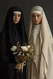 Midjourney generated image using SREF code Chiaroscuro Chronicles: Two women dressed in nun outfits holding a bouquet of flowers.