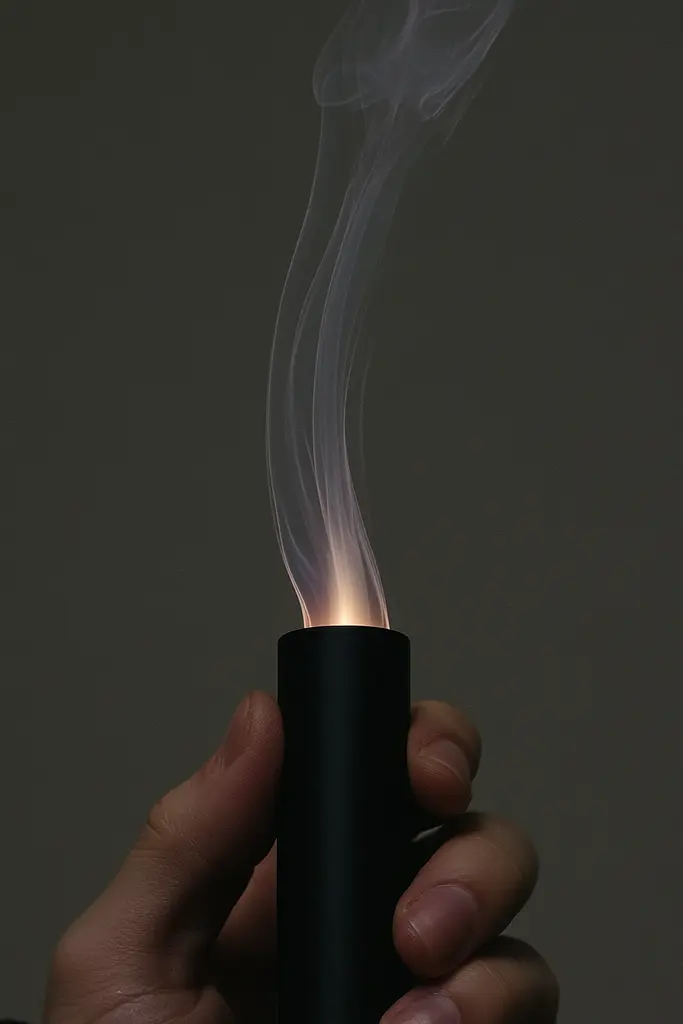 Midjourney generated image using SREF code Chiaroscuro Chronicles: A person holding a black lighter with smoke coming out of it.