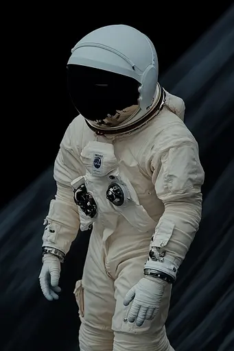 Midjourney generated image using SREF code Chiaroscuro Chronicles: A man in a white space suit with a helmet and gloves.