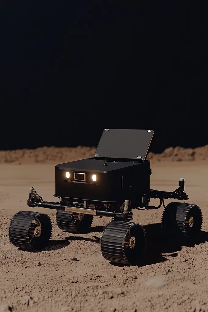 Midjourney generated image using SREF code Chiaroscuro Chronicles: A small black vehicle sitting on top of a sandy ground.