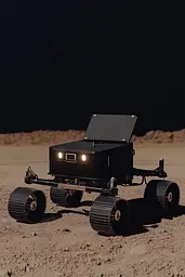 Midjourney generated image using SREF code Chiaroscuro Chronicles: A small black vehicle sitting on top of a sandy ground.