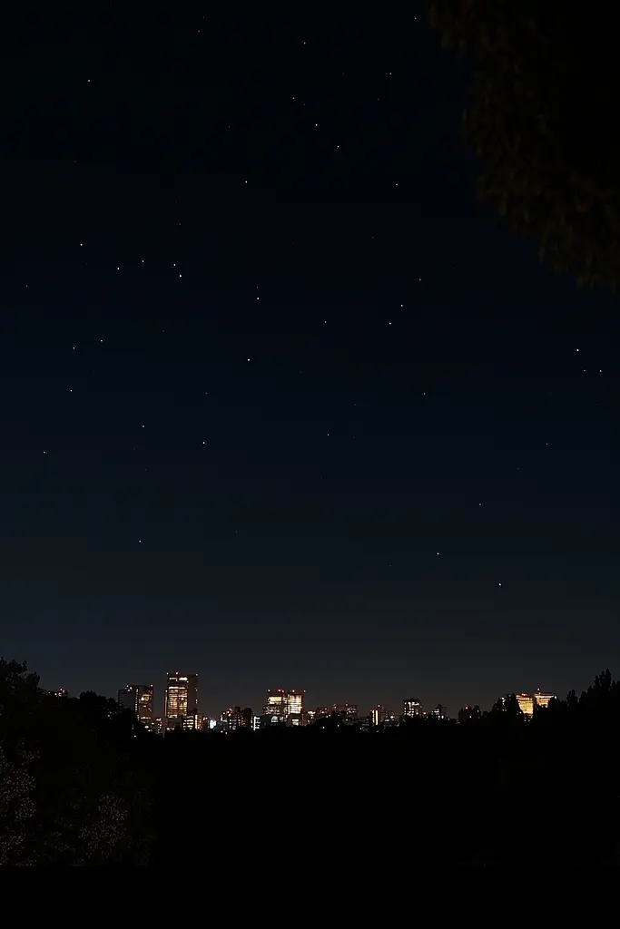 Midjourney generated image using SREF code Chiaroscuro Chronicles: A view of a city at night from a hill.