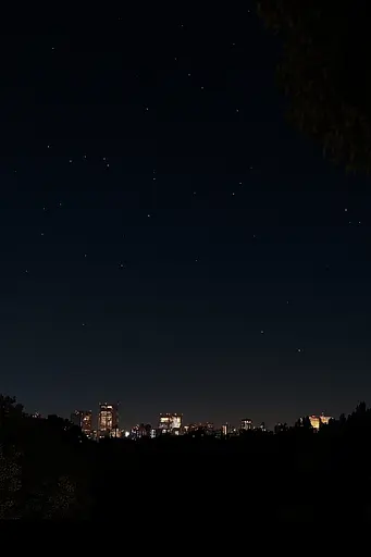 Midjourney generated image using SREF code Chiaroscuro Chronicles: A view of a city at night from a hill.