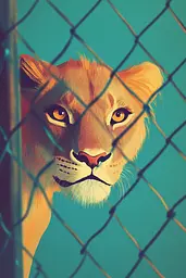 Midjourney generated image using SREF code Vibrant Tales: A lion behind a chain link fence looking at the camera.