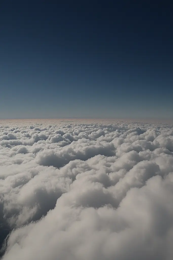 Midjourney generated image using SREF code Chiaroscuro Chronicles: A view of the clouds from an airplane window.