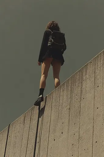 Midjourney generated image using SREF code Chiaroscuro Chronicles: A woman standing on top of a concrete wall.