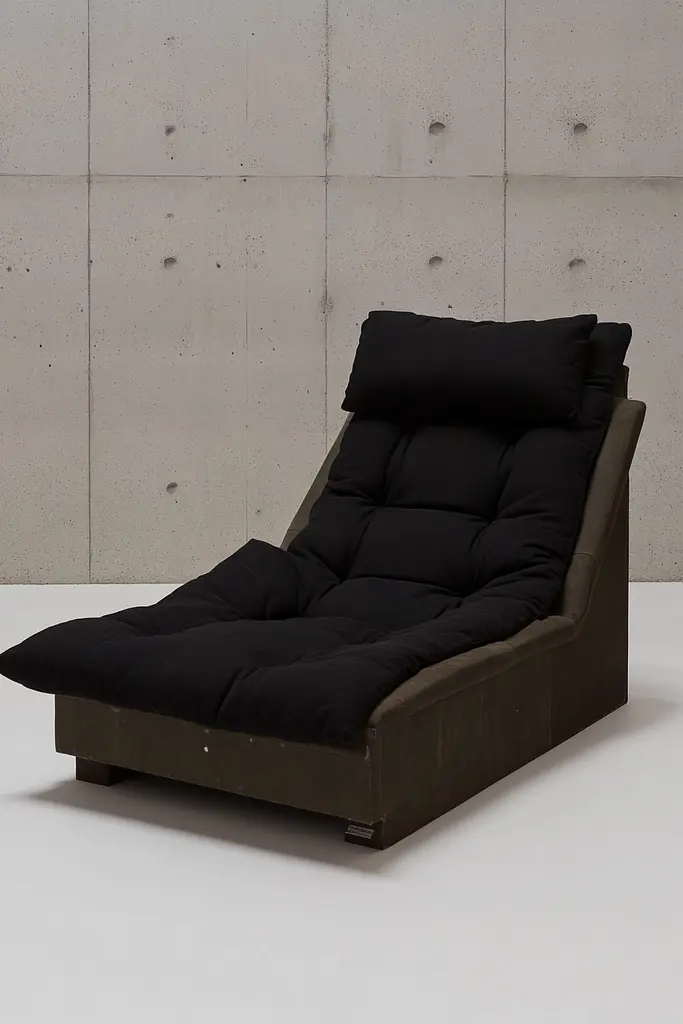 Midjourney generated image using SREF code Chiaroscuro Chronicles: A black futon chair sitting in front of a concrete wall.